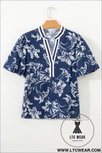 Blue floral print short puff sleeve striped trim v neck blouse - blouses & shirts