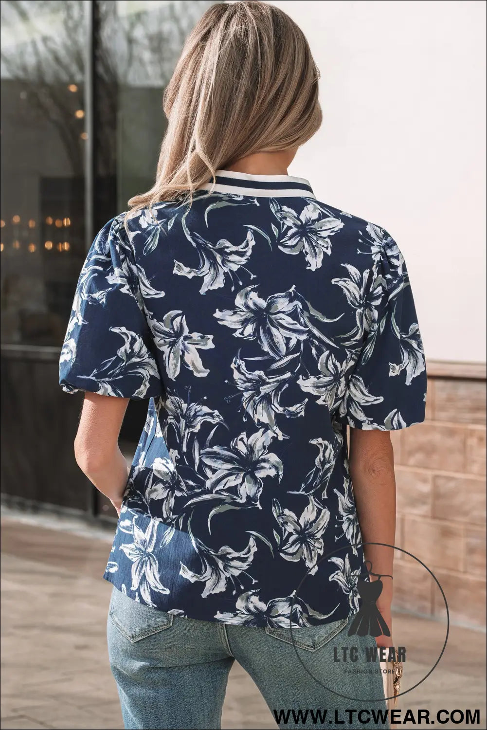 Blue floral print short puff sleeve striped trim v neck blouse - blouses & shirts