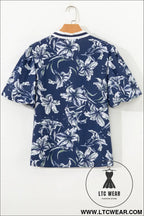 Blue floral print short puff sleeve striped trim v neck blouse - blouses & shirts
