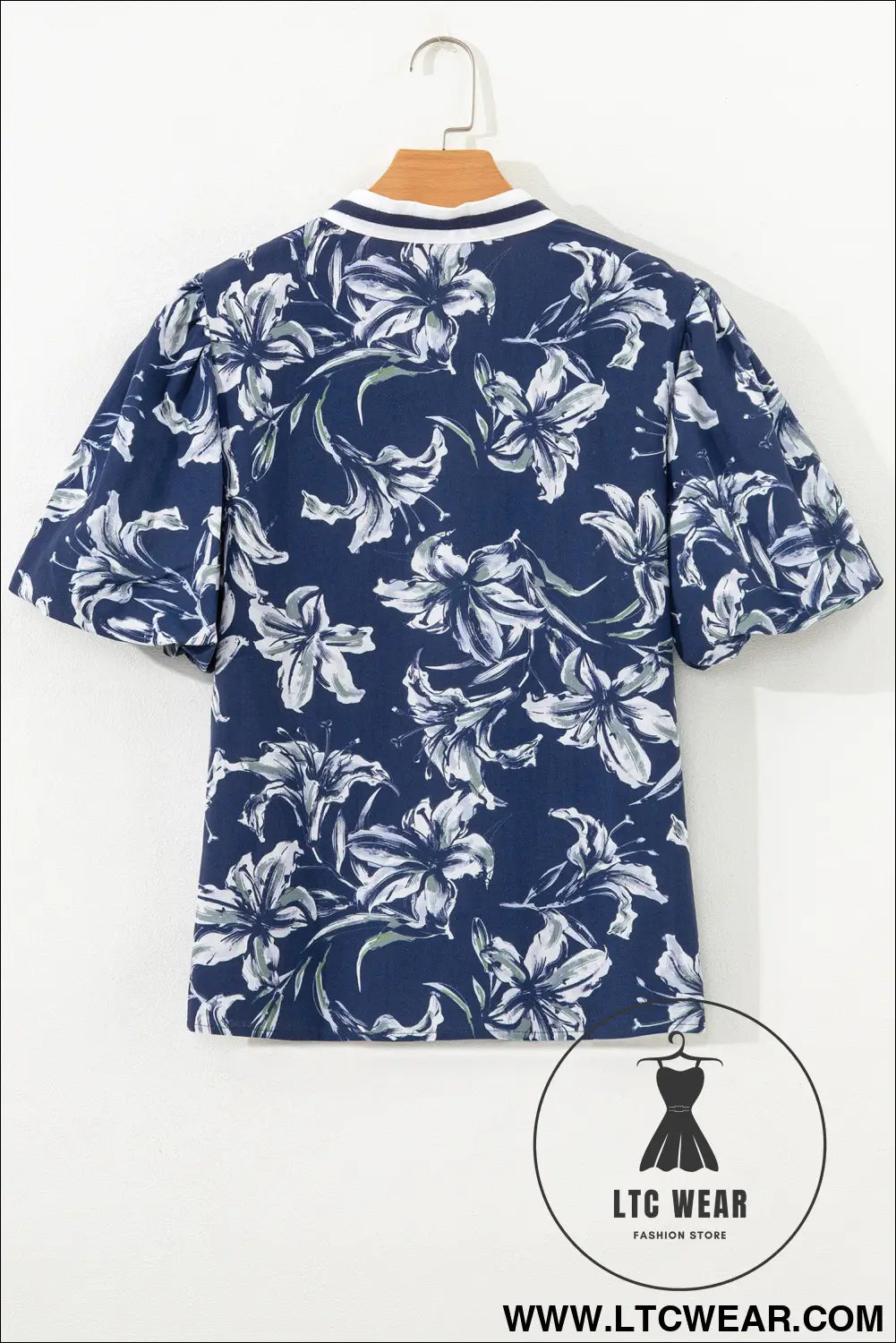 Blue floral print short puff sleeve striped trim v neck blouse - blouses & shirts
