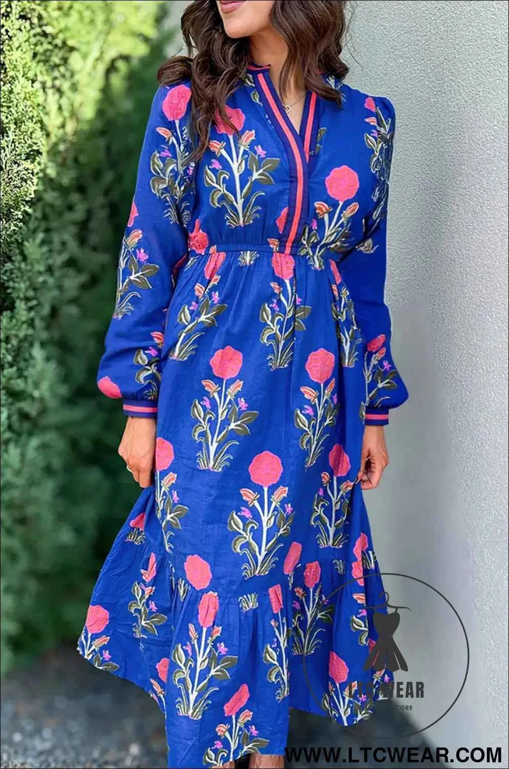 Embroidered Blue Floral Print Long Sleeve Midi Dress