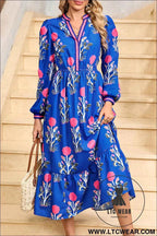 Embroidered Blue Floral Print Long Sleeve Midi Dress