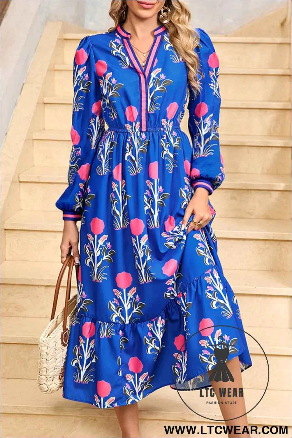 Embroidered Blue Floral Print Long Sleeve Midi Dress