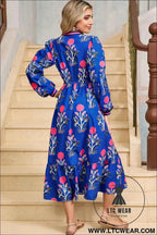 Embroidered Blue Floral Print Long Sleeve Midi Dress