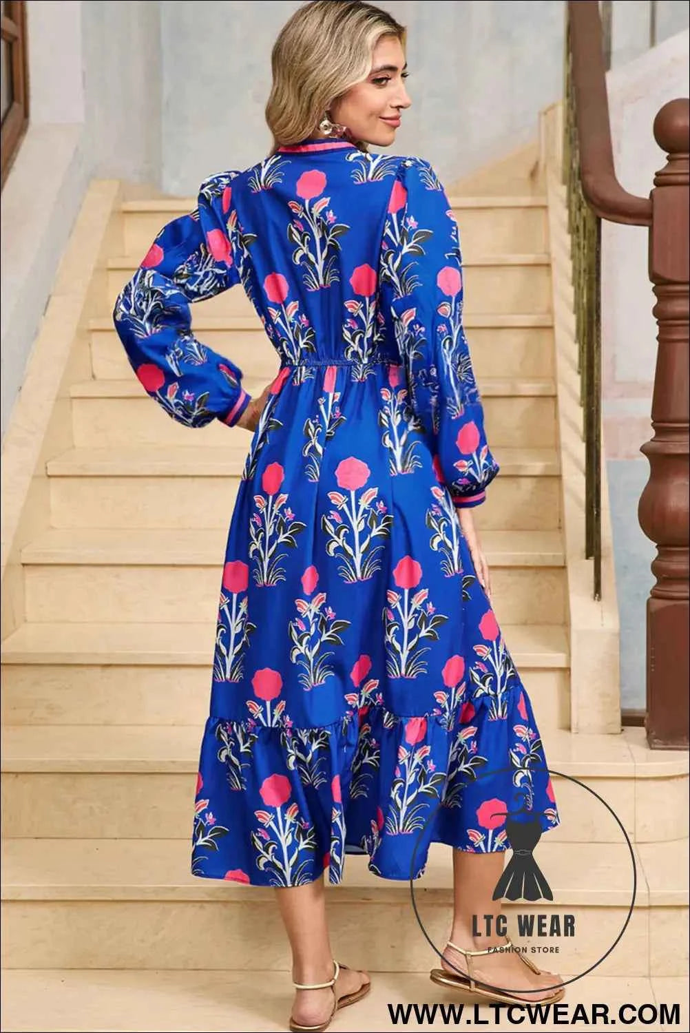 Embroidered Blue Floral Print Long Sleeve Midi Dress