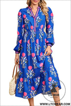 Embroidered Blue Floral Print Long Sleeve Midi Dress