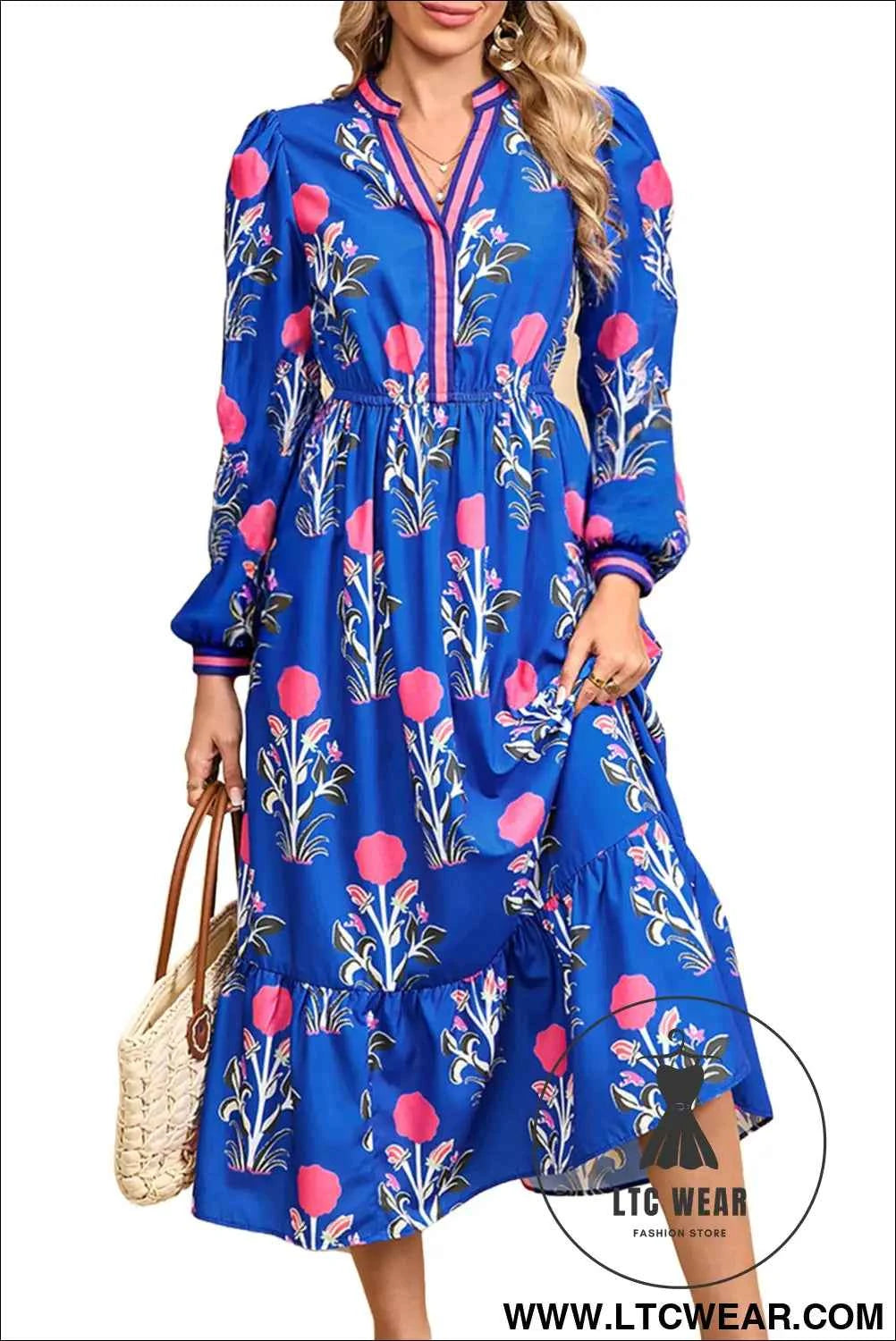 Embroidered Blue Floral Print Long Sleeve Midi Dress