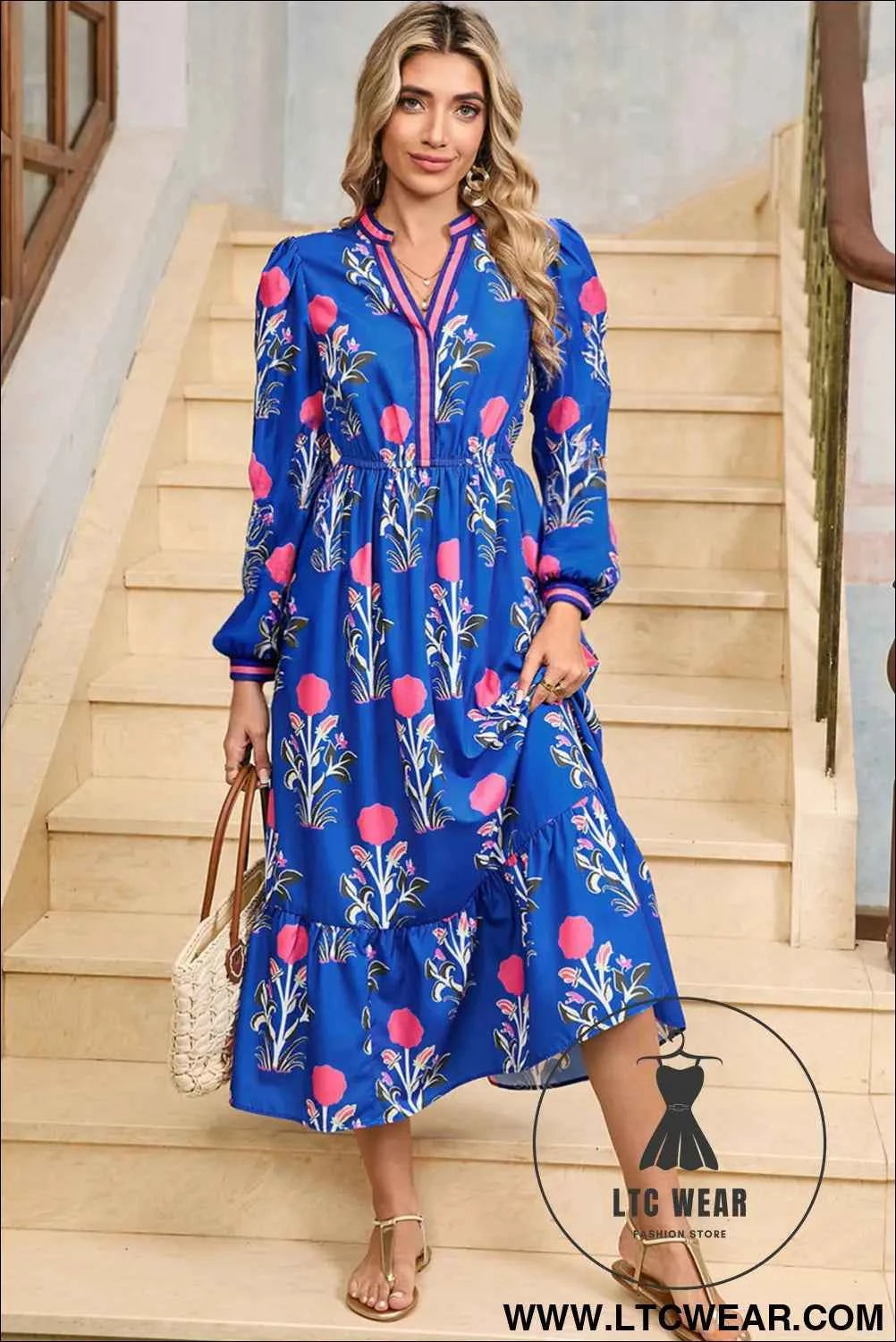 Embroidered Blue Floral Print Long Sleeve Midi Dress