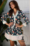 Blue Floral Print Striped Trim V Neck Long Sleeve Ruffle Hem Shift Mini Dress