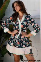 Blue Floral Print Striped Trim V Neck Long Sleeve Ruffle Hem Shift Mini Dress