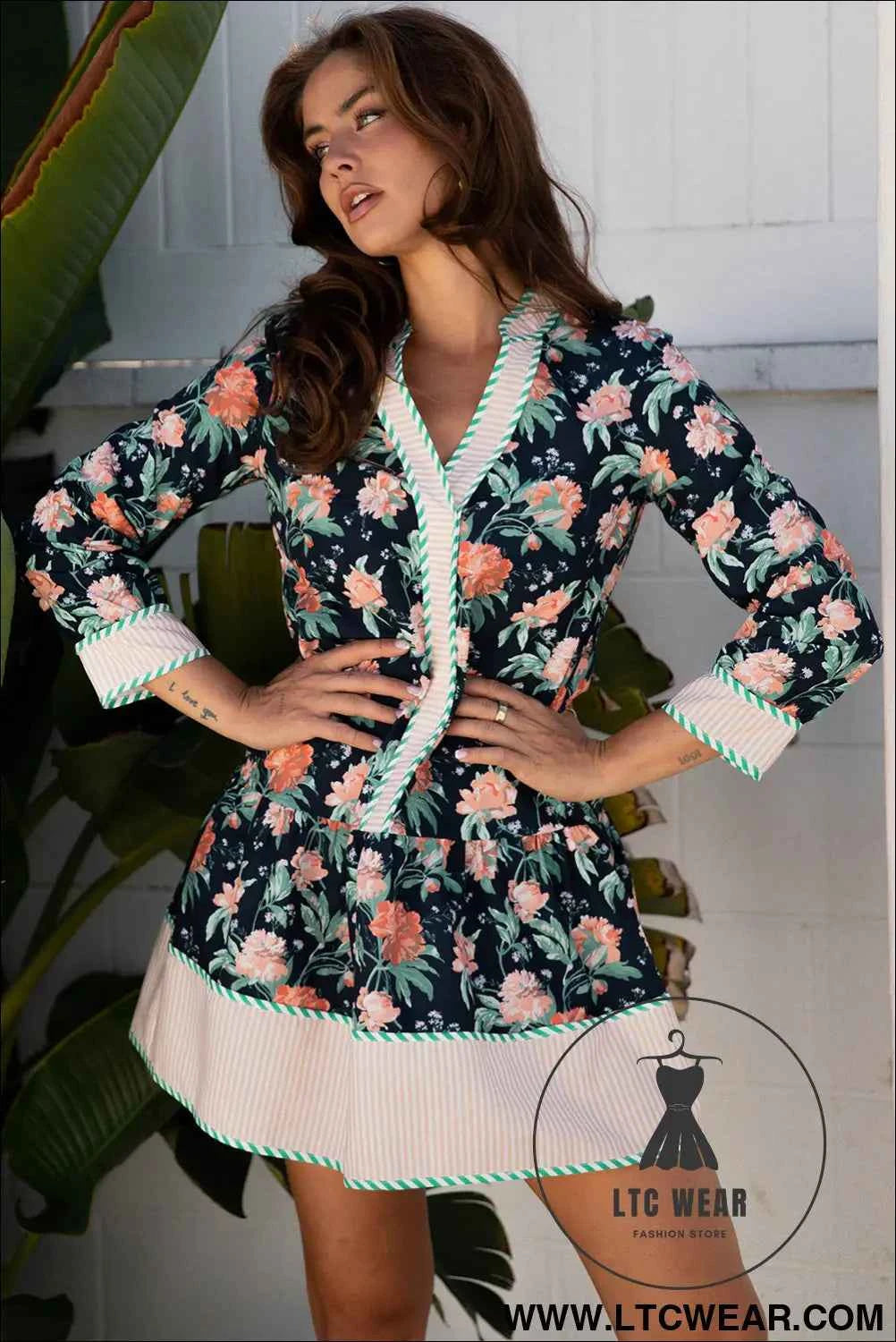 Blue Floral Print Striped Trim V Neck Long Sleeve Ruffle Hem Shift Mini Dress