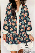 Blue Floral Print Striped Trim V Neck Long Sleeve Ruffle Hem Shift Mini Dress