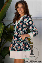 Blue Floral Print Striped Trim V Neck Long Sleeve Ruffle Hem Shift Mini Dress