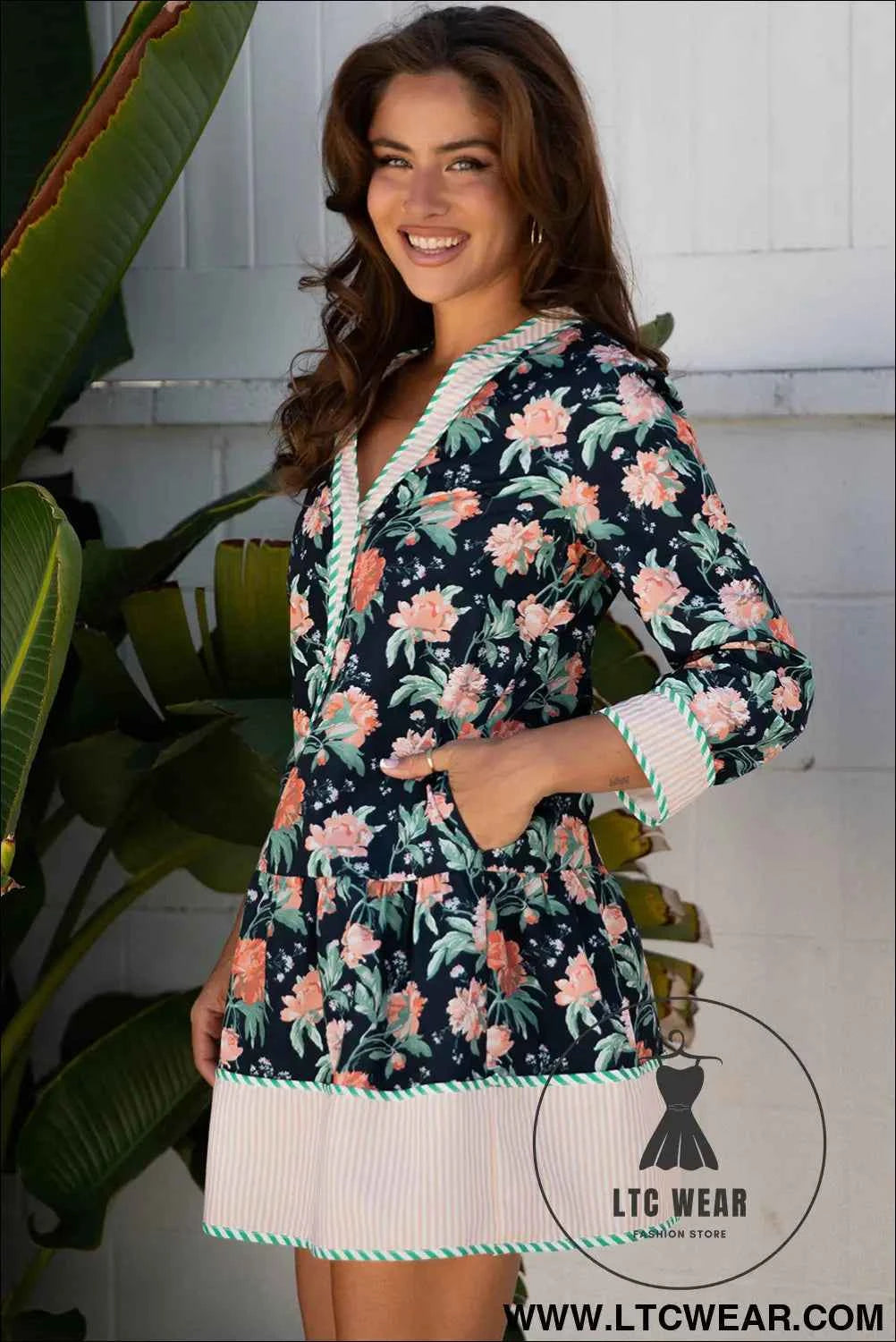 Blue Floral Print Striped Trim V Neck Long Sleeve Ruffle Hem Shift Mini Dress