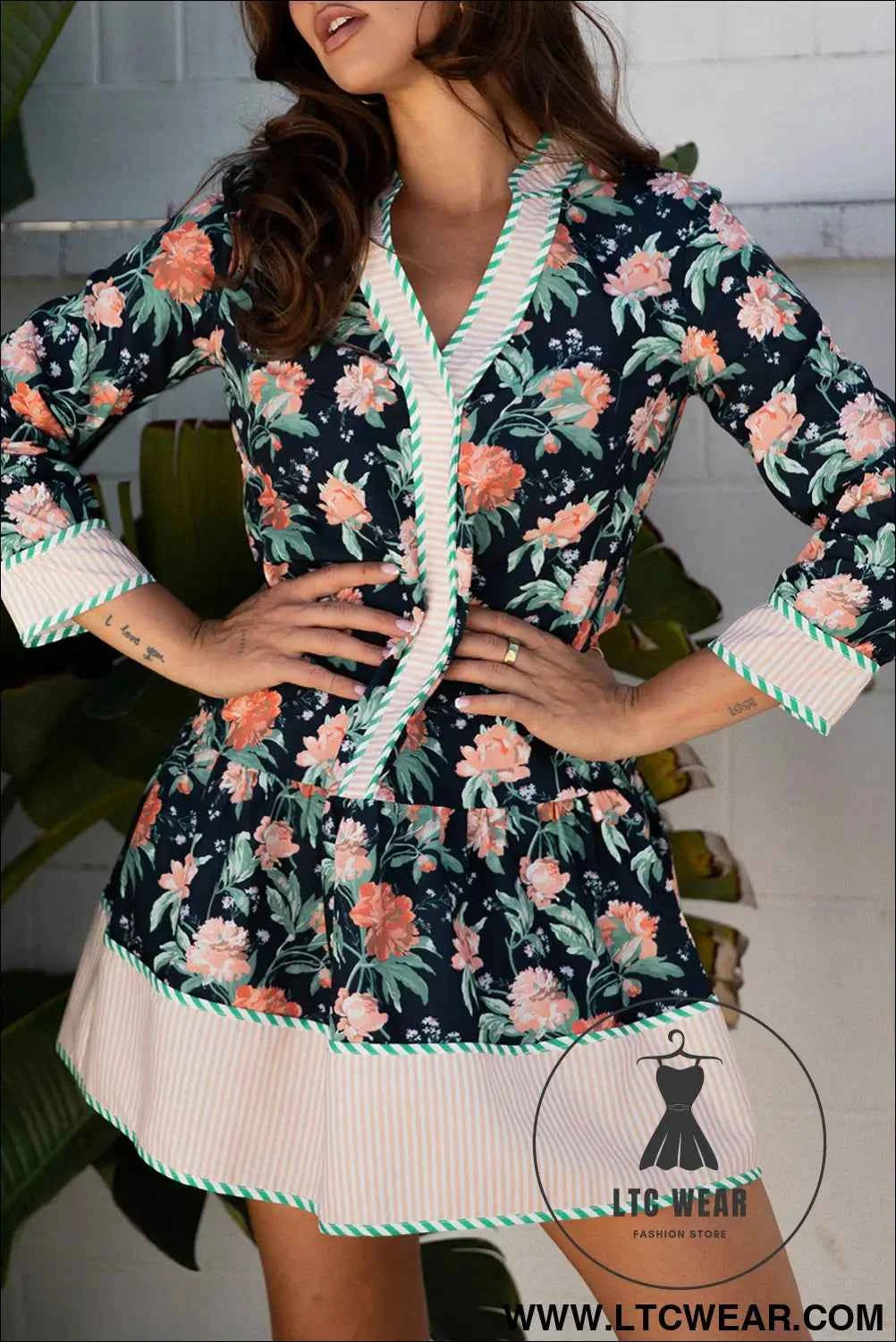 Blue Floral Print Striped Trim V Neck Long Sleeve Ruffle Hem Shift Mini Dress