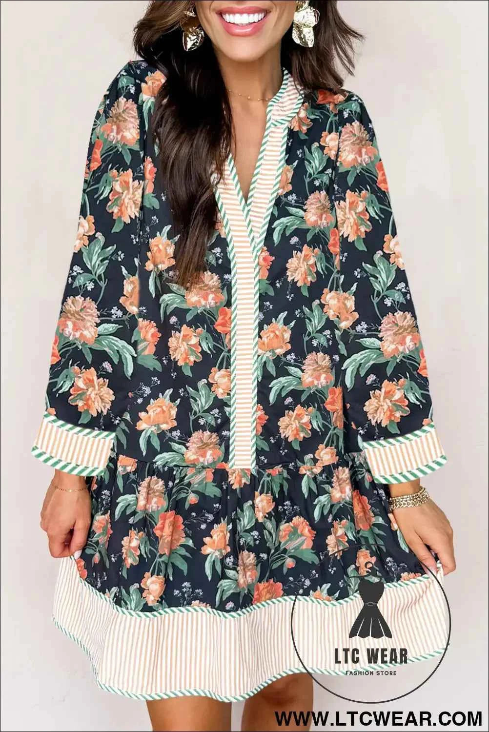 Blue Floral Print Striped Trim V Neck Long Sleeve Ruffle Hem Shift Mini Dress