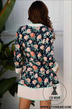 Blue Floral Print Striped Trim V Neck Long Sleeve Ruffle Hem Shift Mini Dress