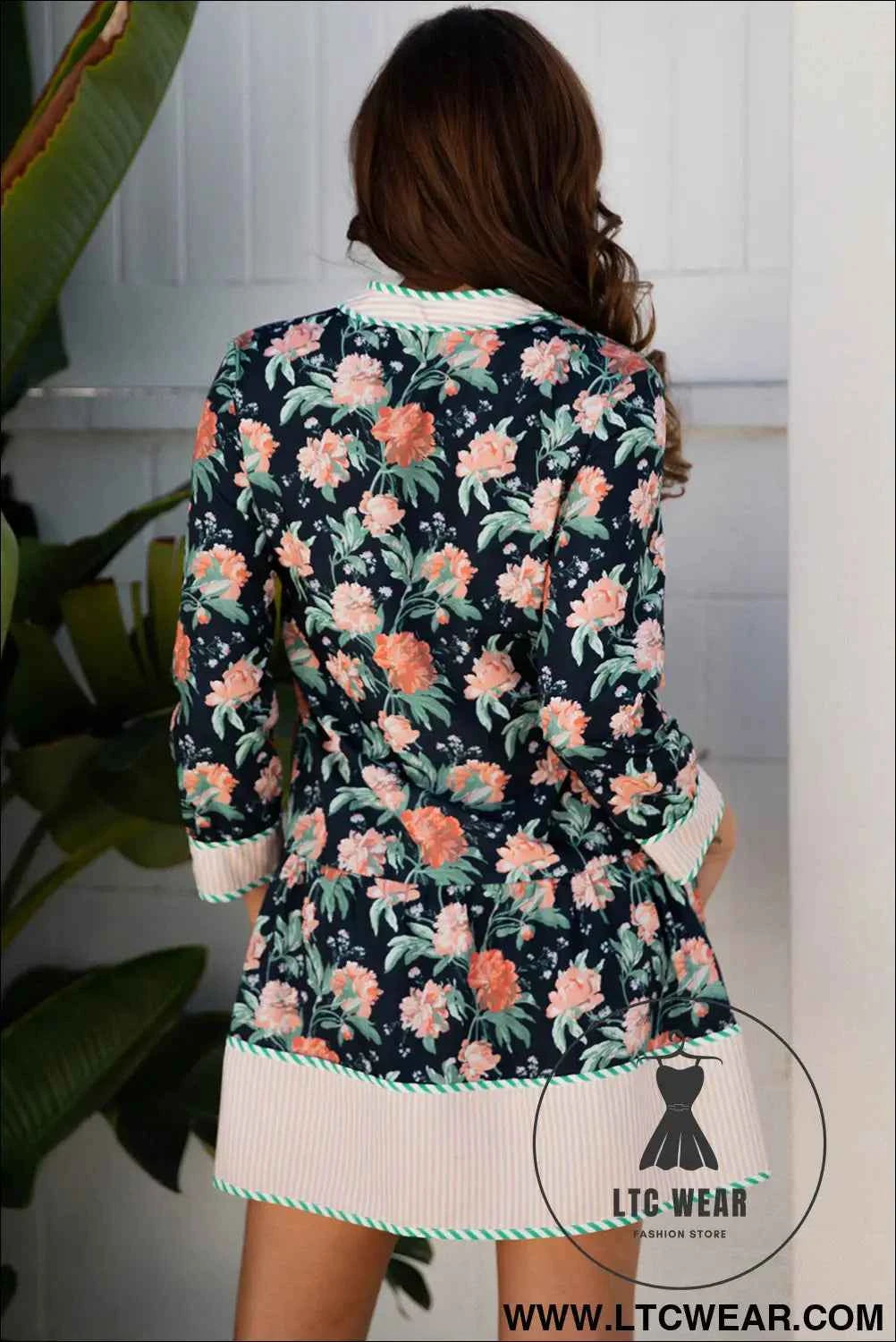 Blue Floral Print Striped Trim V Neck Long Sleeve Ruffle Hem Shift Mini Dress