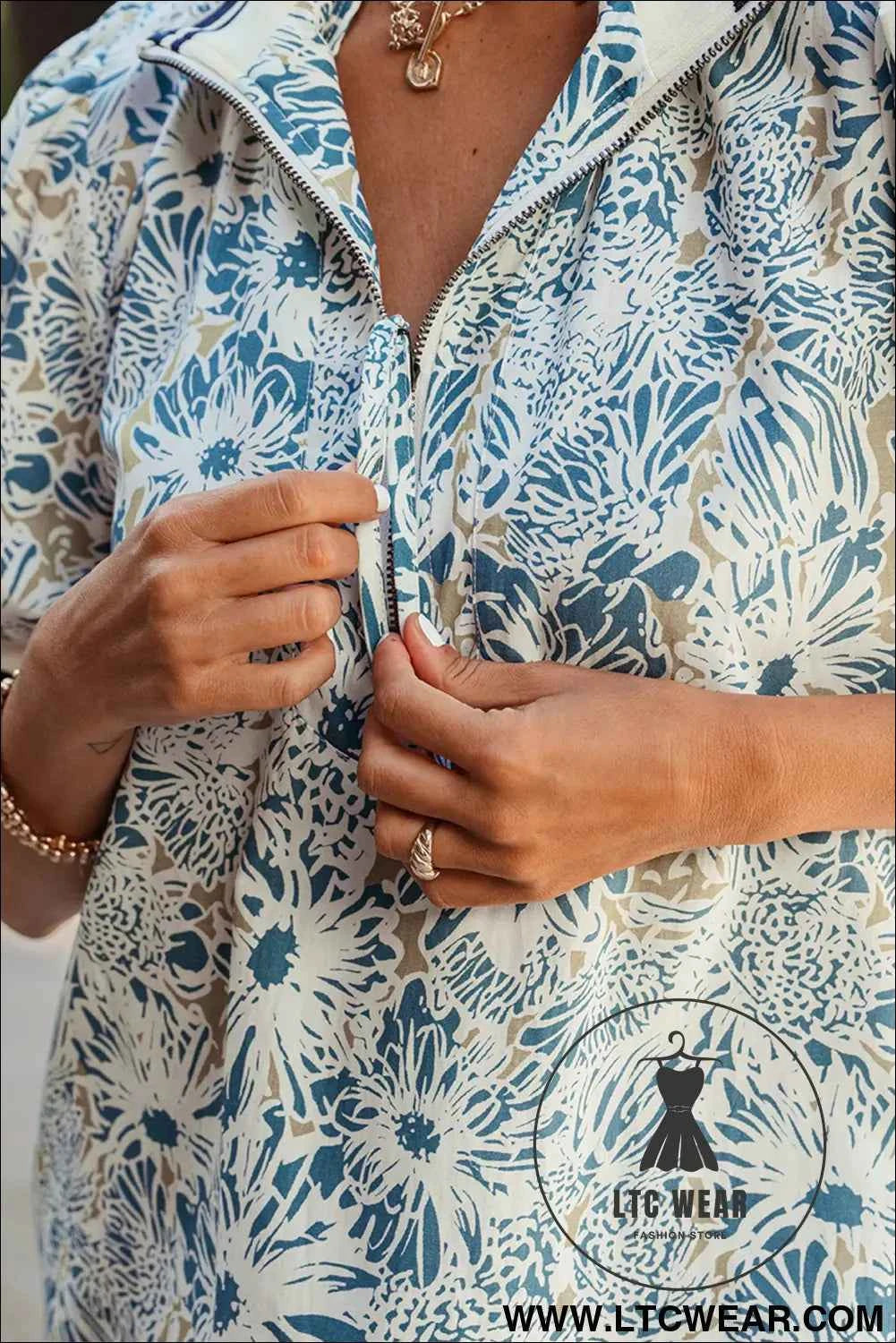 Blue Floral Print Striped Webbing Patchwork Collar Short Sleeve Mini Dress