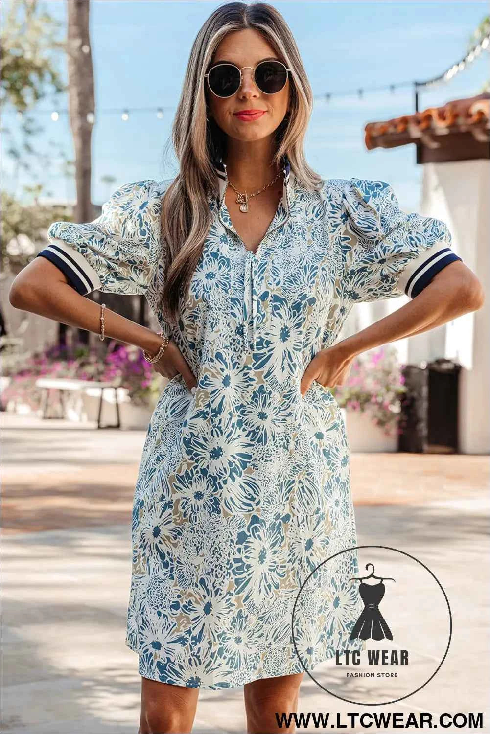 Blue Floral Print Striped Webbing Patchwork Collar Short Sleeve Mini Dress