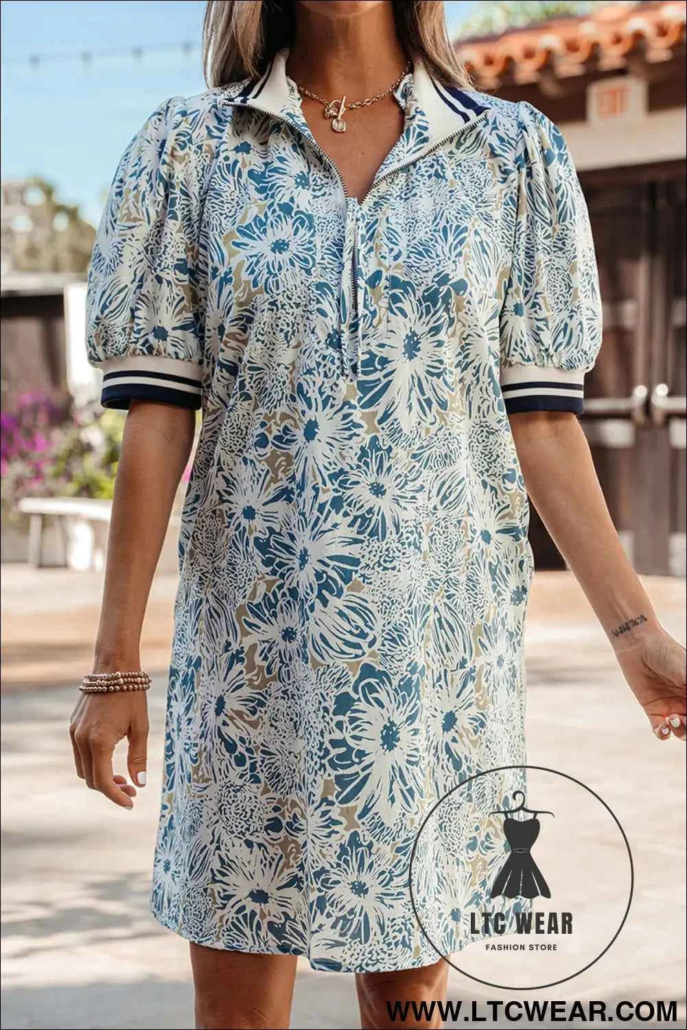 Blue Floral Print Striped Webbing Patchwork Collar Short Sleeve Mini Dress