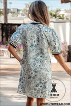 Blue Floral Print Striped Webbing Patchwork Collar Short Sleeve Mini Dress