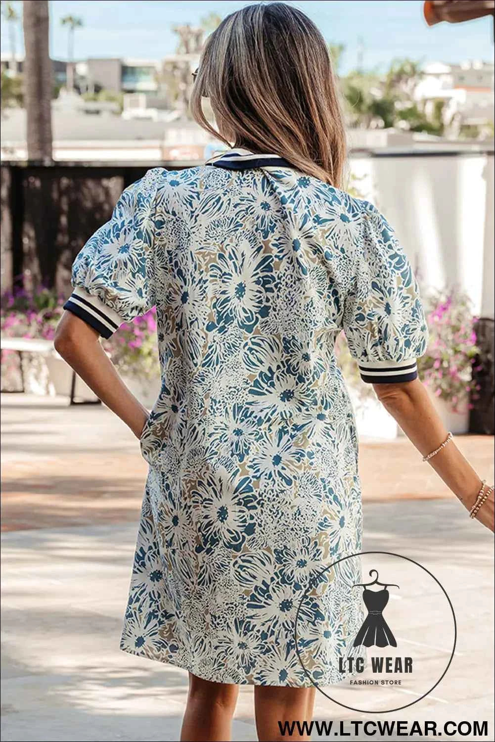 Blue Floral Print Striped Webbing Patchwork Collar Short Sleeve Mini Dress
