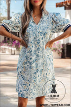 Blue Floral Print Striped Webbing Patchwork Collar Short Sleeve Mini Dress