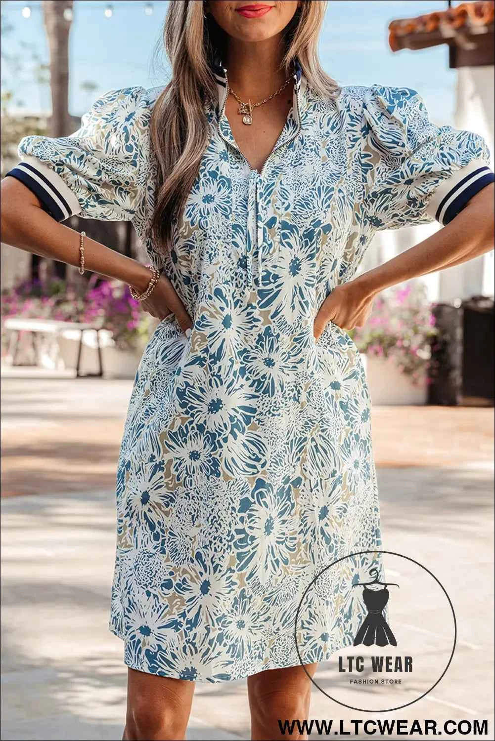 Blue Floral Print Striped Webbing Patchwork Collar Short Sleeve Mini Dress