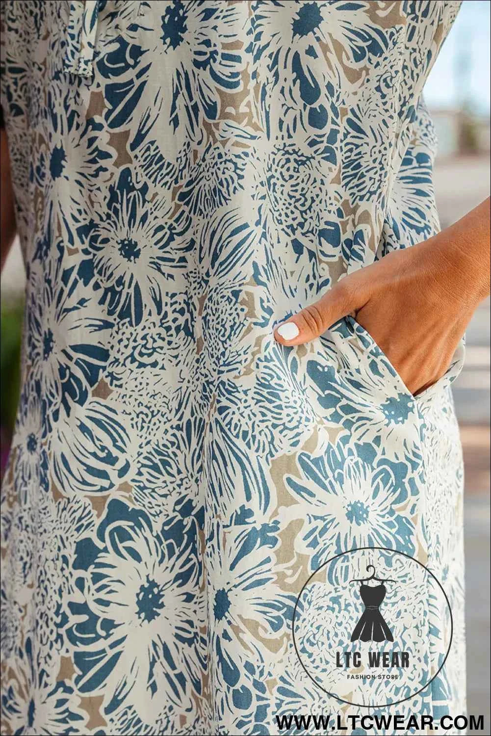 Blue Floral Print Striped Webbing Patchwork Collar Short Sleeve Mini Dress