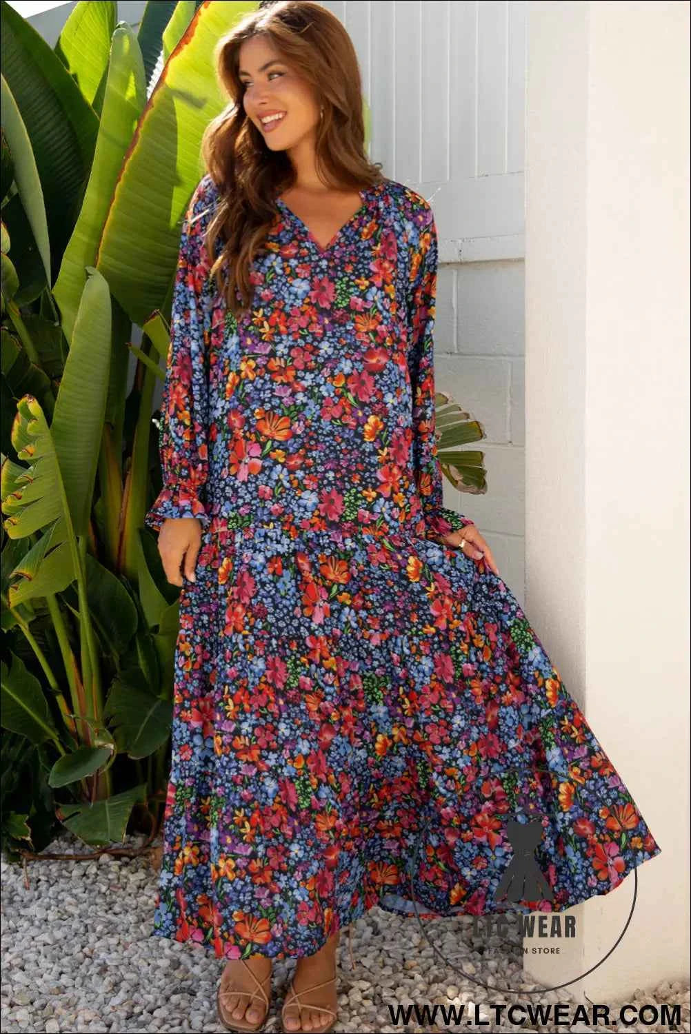Blue Floral Print Tassel Tie V Neck Long Sleeve Flowy Long Dress