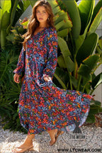 Blue Floral Print Tassel Tie V Neck Long Sleeve Flowy Long Dress