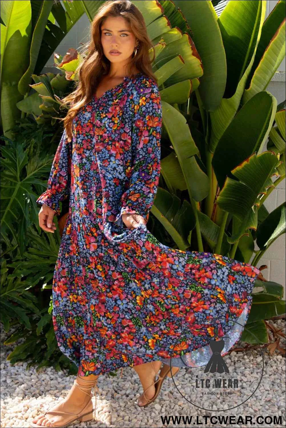 Blue Floral Print Tassel Tie V Neck Long Sleeve Flowy Long Dress