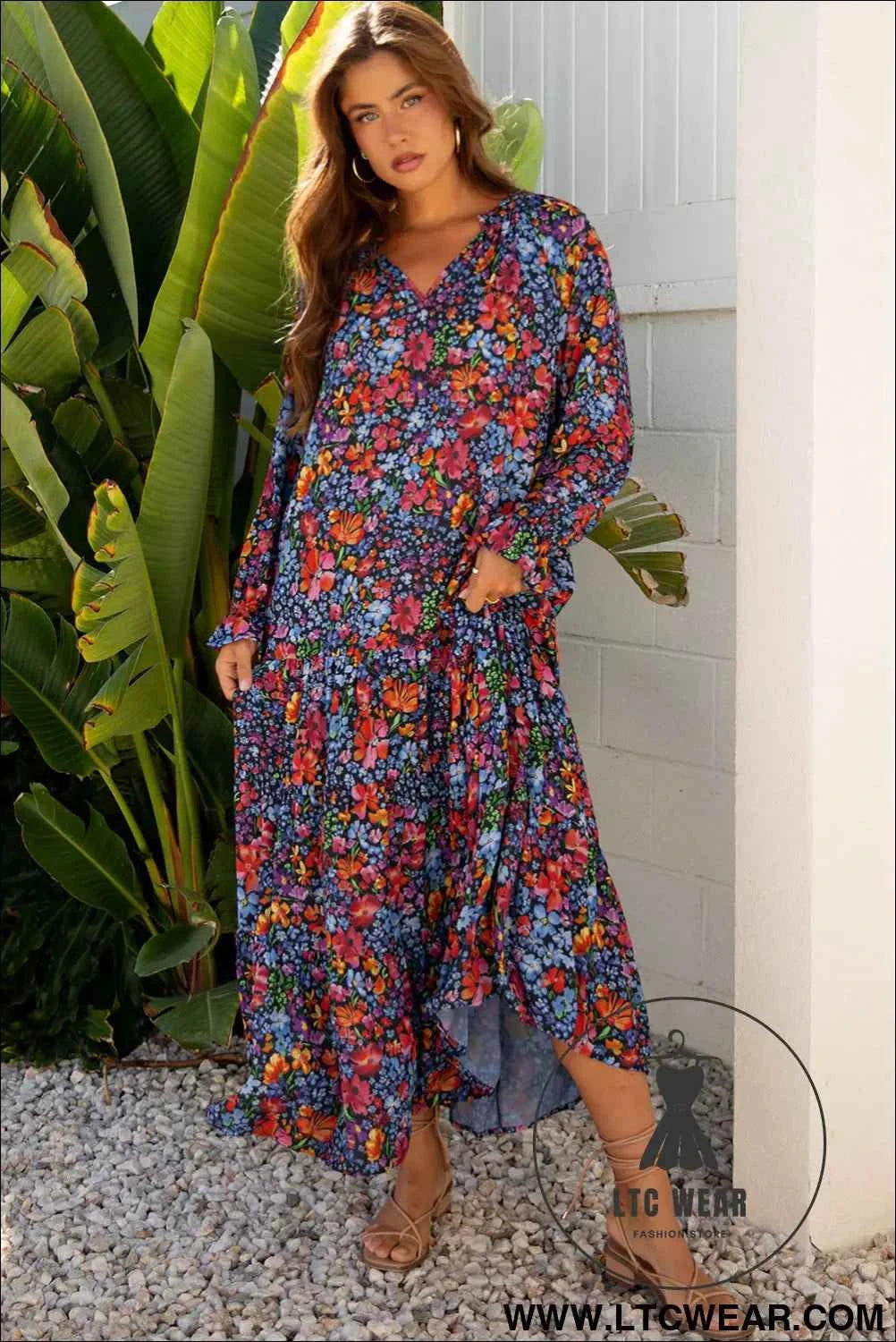 Blue Floral Print Tassel Tie V Neck Long Sleeve Flowy Long Dress