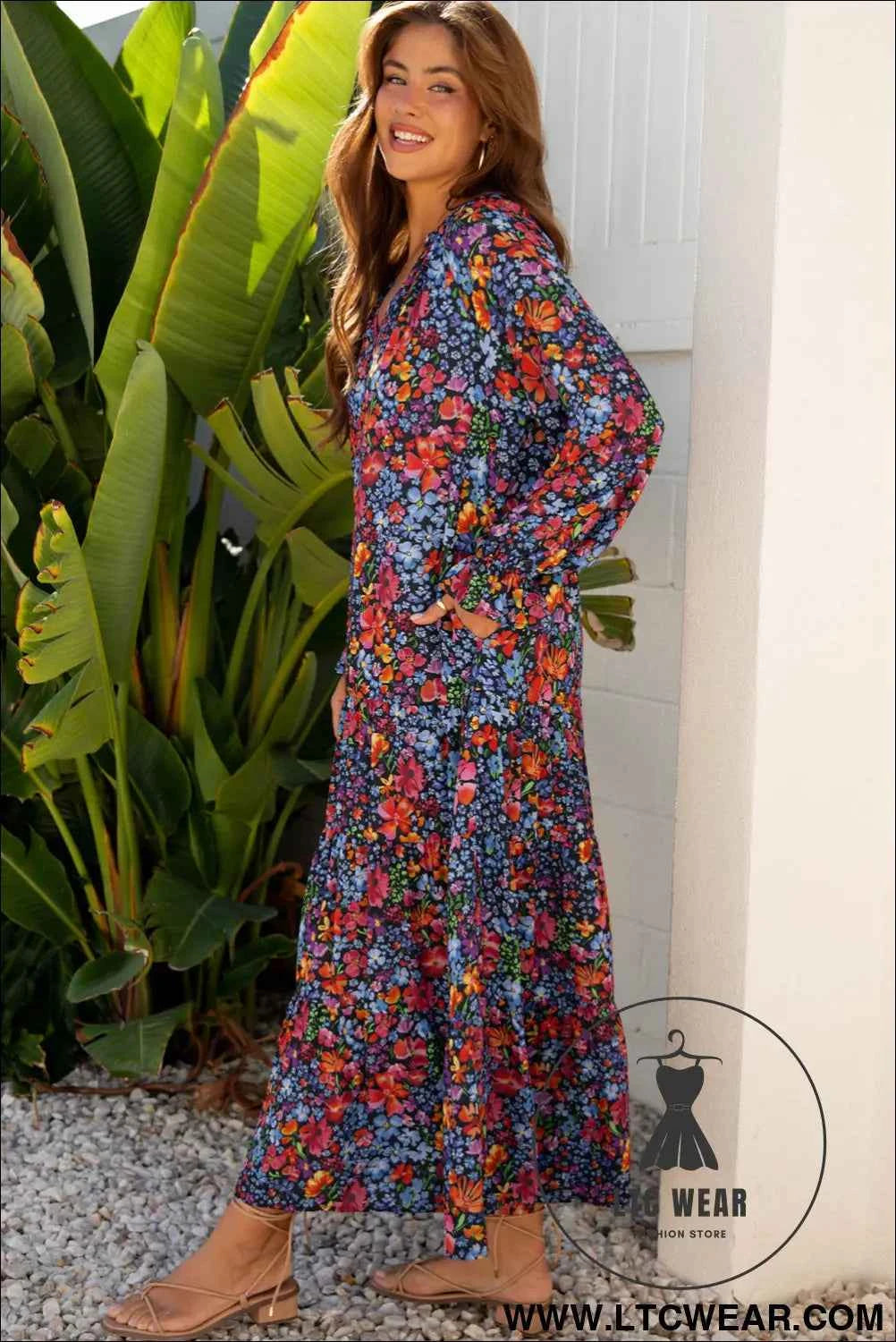 Blue Floral Print Tassel Tie V Neck Long Sleeve Flowy Long Dress
