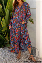 Blue Floral Print Tassel Tie V Neck Long Sleeve Flowy Long Dress