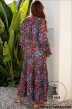 Blue Floral Print Tassel Tie V Neck Long Sleeve Flowy Long Dress