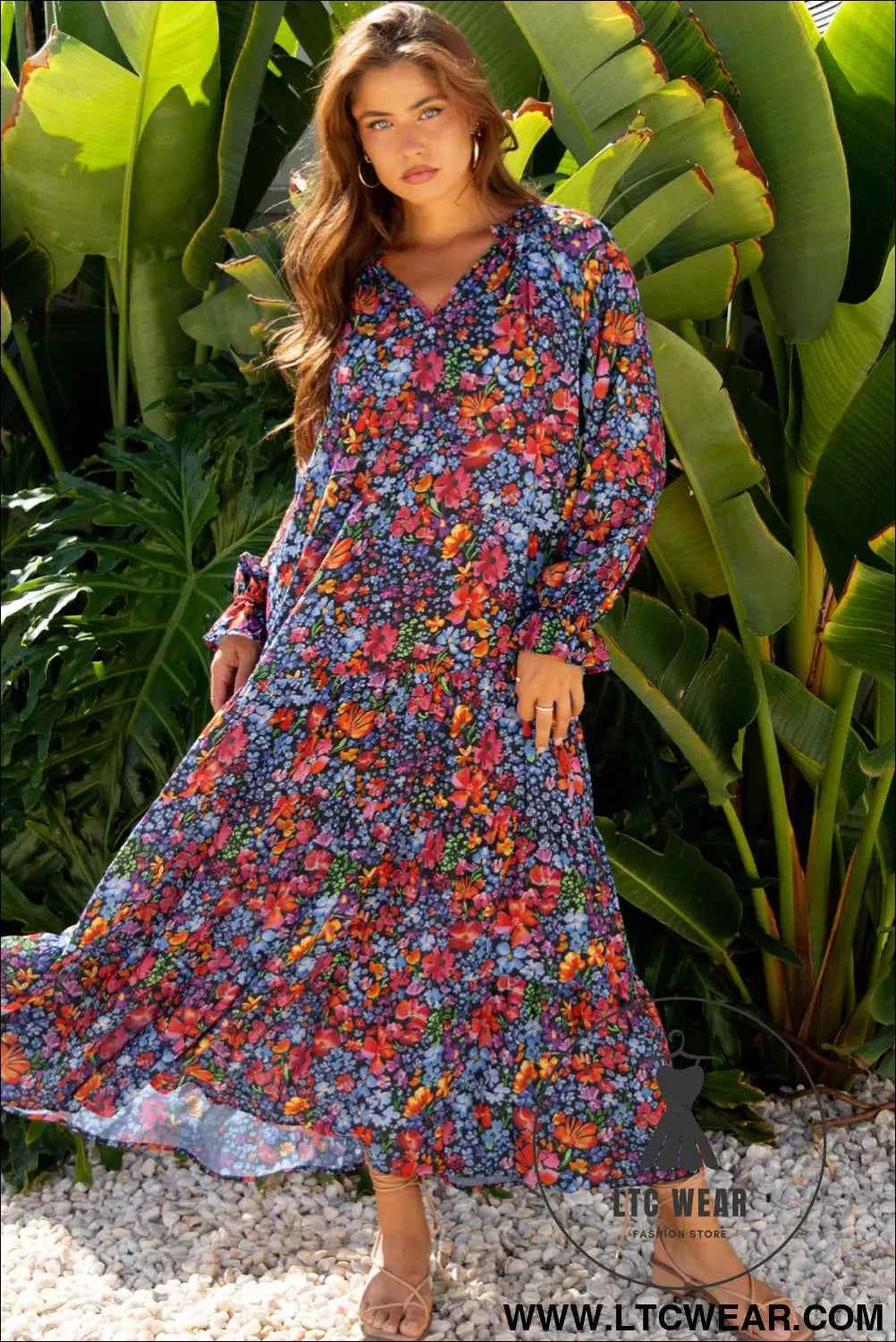 Blue Floral Print Tassel Tie V Neck Long Sleeve Flowy Long Dress