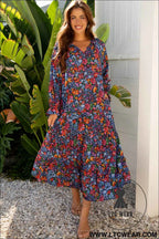 Blue Floral Print Tassel Tie V Neck Long Sleeve Flowy Long Dress