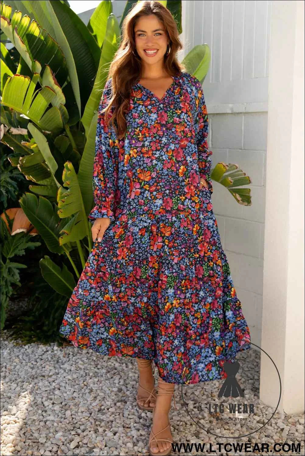 Blue Floral Print Tassel Tie V Neck Long Sleeve Flowy Long Dress