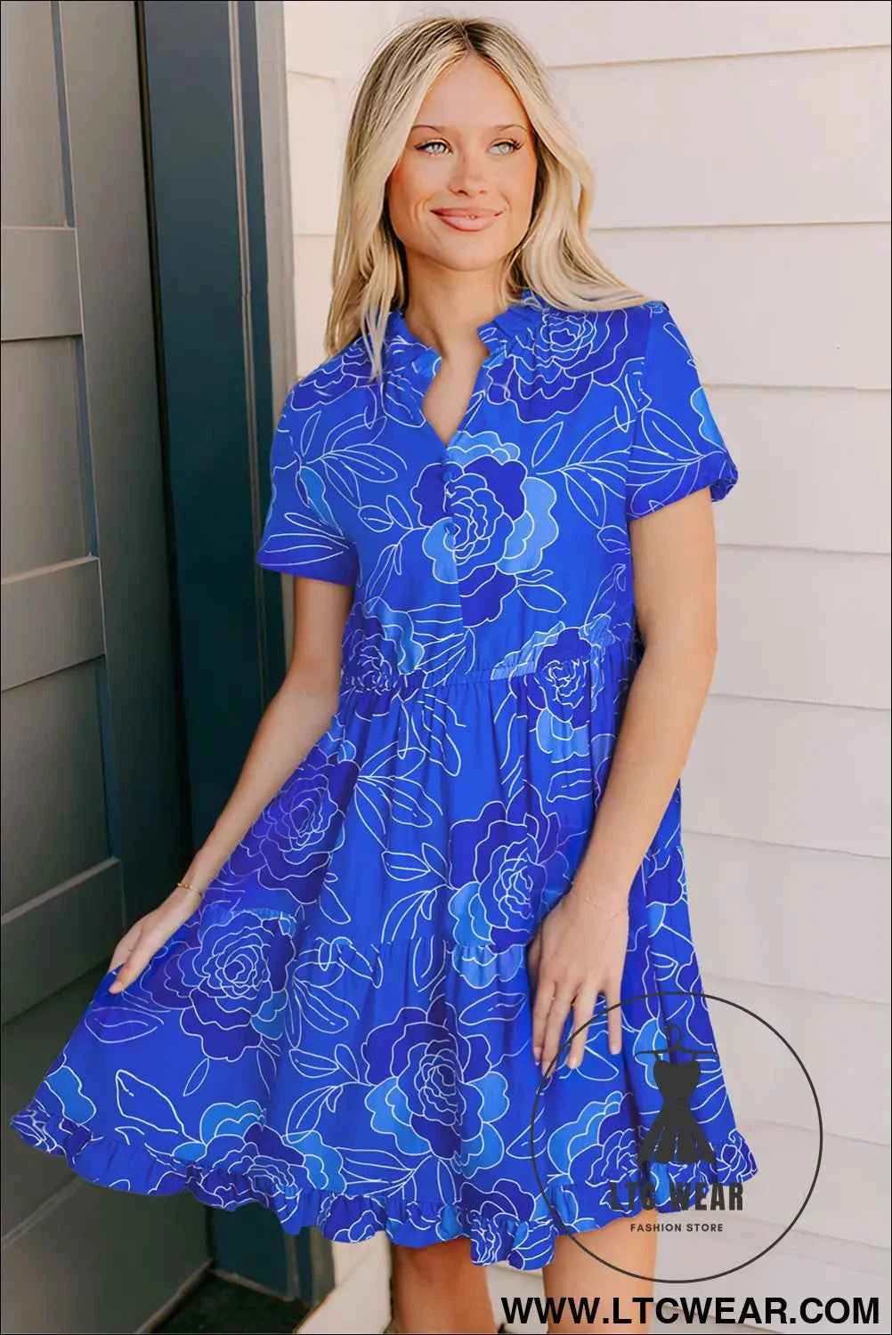 Royal Blue Floral Ruffled Mini Dress