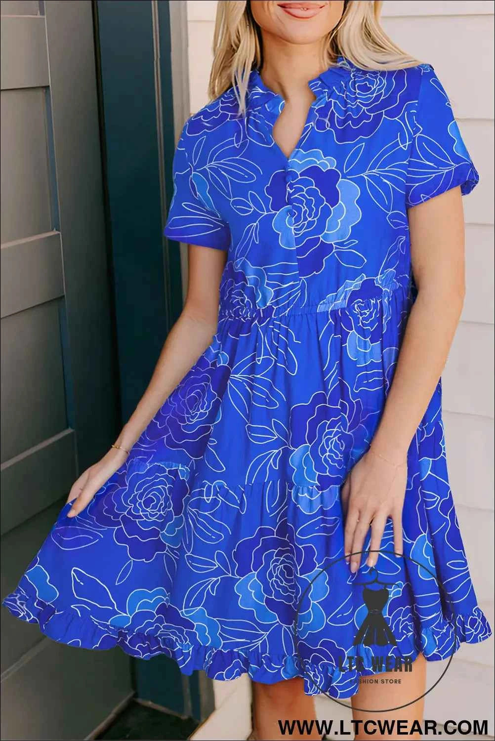 Royal Blue Floral Ruffled Mini Dress