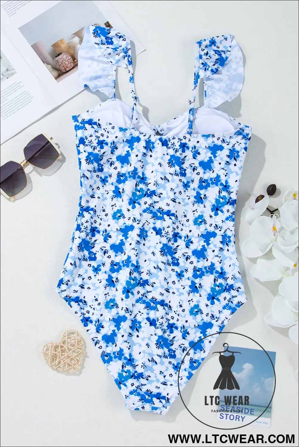 Blue Floral Ruffled Strap Lace Up Hollow Out One Piece Swimsuit - L.T.C Wear Online Fashion Store