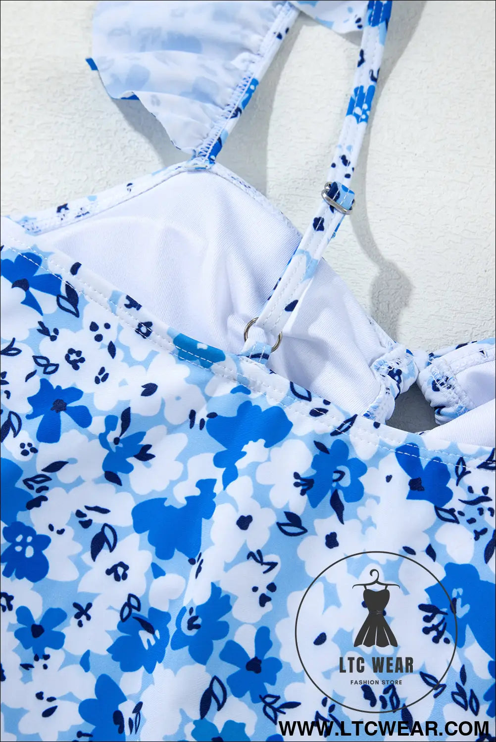 Blue Floral Ruffled Strap Lace Up Hollow Out One Piece Swimsuit - L.T.C Wear Online Fashion Store