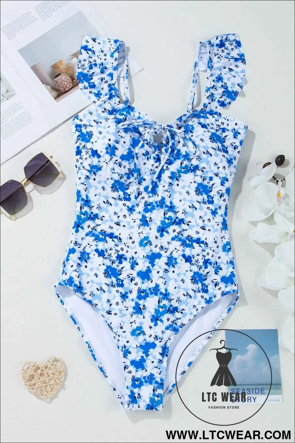 Blue Floral Ruffled Strap Lace Up Hollow Out One Piece Swimsuit