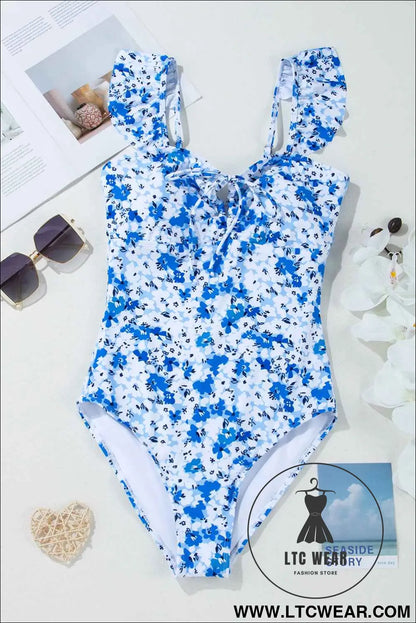 Blue Floral Ruffled Strap Lace Up Hollow Out One Piece Swimsuit
