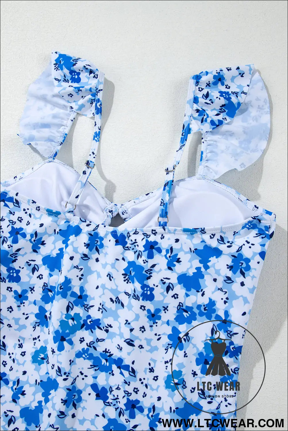 Blue Floral Ruffled Strap Lace Up Hollow Out One Piece Swimsuit - L.T.C Wear Online Fashion Store