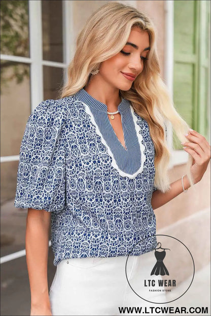 Blue Floral Striped Print Contrast Ricrac V Neck Puff Sleeve Blouse