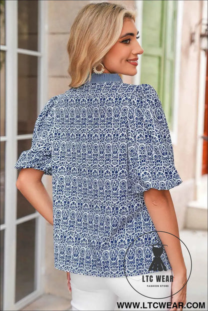 Blue Floral Striped Print Contrast Ricrac V Neck Puff Sleeve Blouse