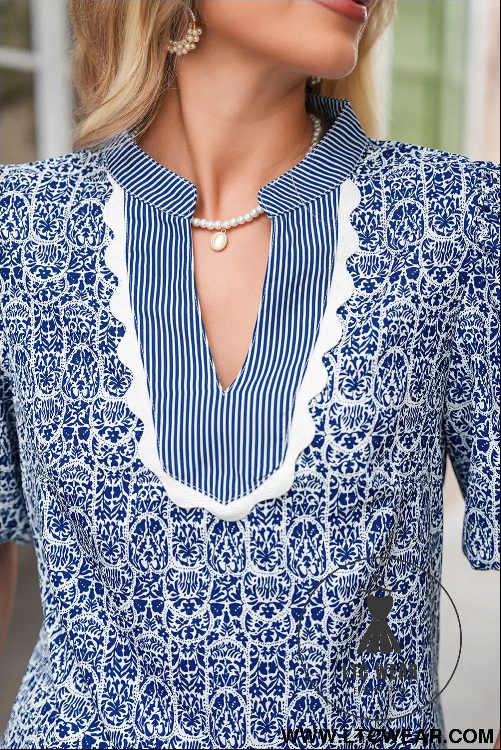 Blue Floral Striped Print Contrast Ricrac V Neck Puff Sleeve Blouse - L.T.C Wear Online Fashion Store